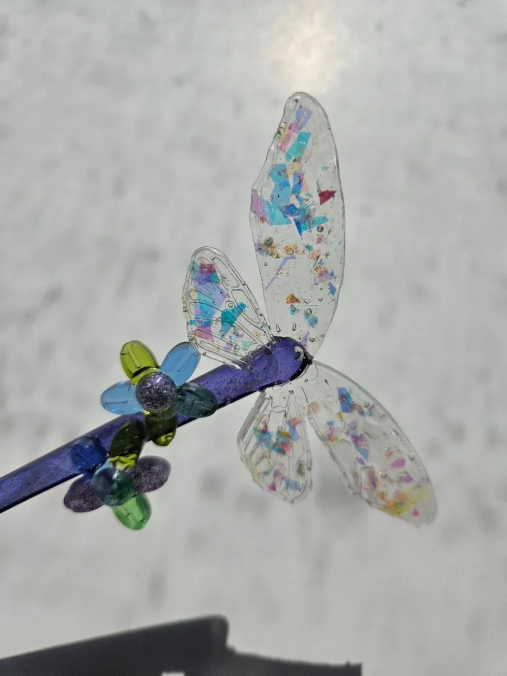 Handmade Resin Hair Stick Dragonfly Wings Flowers Violet Blue Glitter